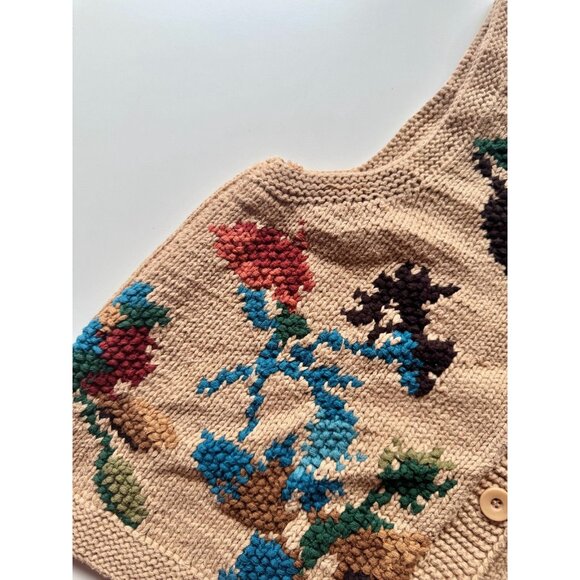 Vintage 00's LIZ CLAIBORNE Tan Cotton Knit Floral Intarsia Sweater Vest, Size M - Picture 7 of 11